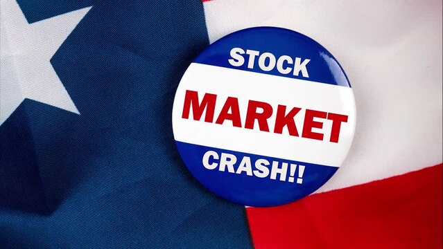 stock market crash text quote on election button laying on the star spangled banner. united states of america concept.