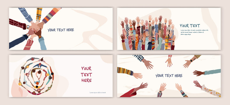 Volunteer people group concept banner - cover - poster editable template. Raised arms and hands of multiethnic people. Multicultural people holding hands. Hands in a circle. Team concept