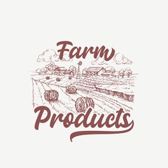 Farmhouse products lettering. Retro hand drawn farm buildings, haystack, windmill and barn sketch style decorative illustration, label, apparel print Isolated © createvil