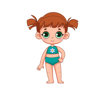Cute little girl in a green bathing suit. Children's illustration of a child in clothes for the beach. Vector illustration in cartoon childish style. Isolated funny character clipart. cute baby.