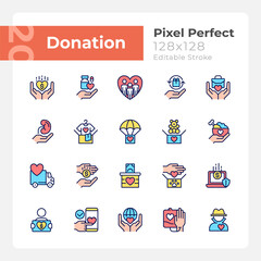 Fototapeta premium Donation opportunities pixel perfect RGB color icons set. Giving items away for free. Charitable organization. Isolated vector illustrations. Simple filled line drawings collection. Editable stroke