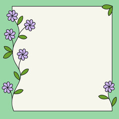 empty flower frame for publication, black outline, white background, branch with flowers and leaves, spring theme, romantic mood, flat vector illustration