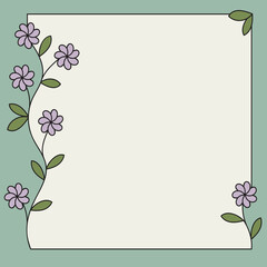 empty flower frame for publication, black outline, white background, branch with flowers and leaves, spring theme, romantic mood, flat vector illustration