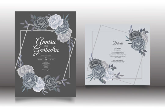  Elegant wedding invitation card with beautiful black grey floral and leaves template Premium Vector