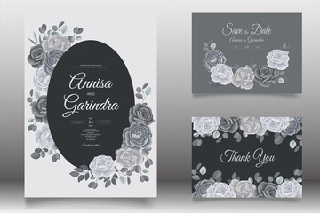  Elegant wedding invitation card with beautiful black grey floral and leaves template Premium Vector