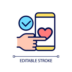 Mobile donation pixel perfect RGB color icon. Donating money through smartphone. Innovative fundraising. Isolated vector illustration. Simple filled line drawing. Editable stroke. Arial font used