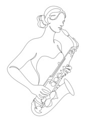 Silhouette of beautiful woman playing saxophone in continuous line modern style. Saxophonist girl, slim. Aesthetic decor sketches, posters, stickers, logo. set of vector illustrations.