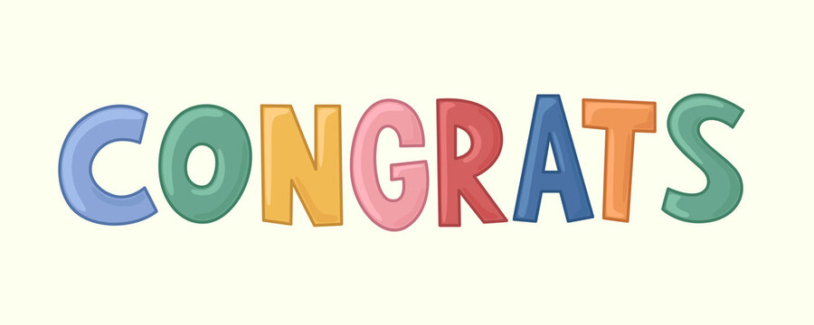 Congrats. Vector lettering of colored letters in cartoon style on a light background