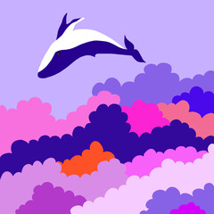 The whale dives into the clouds. Hand drawn style. Vector illustration