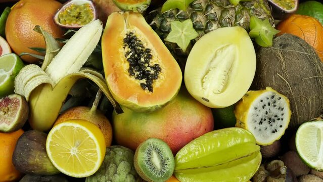 Rotating Sweet Exotic And Tropical Fruits.
