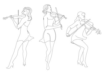 Collection. Silhouette of a beautiful woman with a violin in a modern continuous line style. Violinist girl, slender. Aesthetic decor outline, posters, stickers, logo. Vector illustration set.