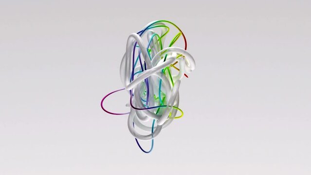 3d video animation with abstract art surreal ropes or cords lines in transparent rubber plastic material in white and rainbow gradient color generate sphere or bball shape on light grey background