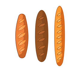 A set of loaves. Vector illustration of bread in cartoon childish style. Isolated funny clipart on white background. Cute bakery print.