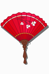 Red fan with a sakura twig. Eastern accessories. An isolated item on a white background. Vector