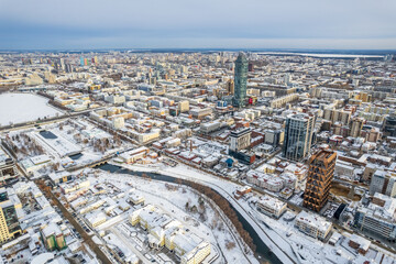 Yekaterinburg aerial panoramic view at Winter in cloudy day. Ekaterinburg is the fourth largest city in Russia located in the Eurasian continent on the border of Europe and Asia.