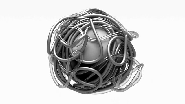 3d render of black and white monochrome abstract art video animation with surreal grey sphere or ball with squeezing curve round wavy lines stripes in silver metallic rubber and plastic material 
