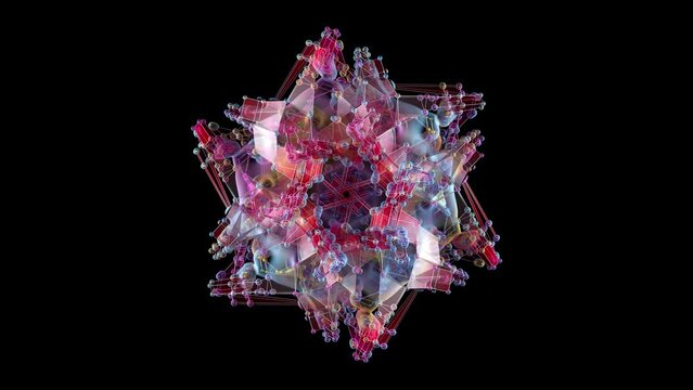 3d render of abstract art video loop animation with surreal kaleidoscopic fractal star alien flower based on triangle pyramids shapes in metal wire structure with transparent plastic parts on black 