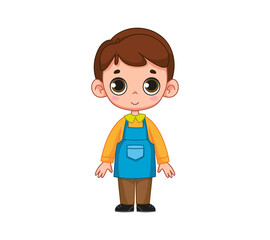 Cute little boy in blue apron, florist and gardener outfit. Vector illustration of a character in a cartoon childish style. Isolated funny male clipart. cute desktop print.