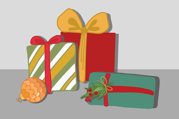 Set of gift boxes and Christmas toy. Outcome christmas illustration