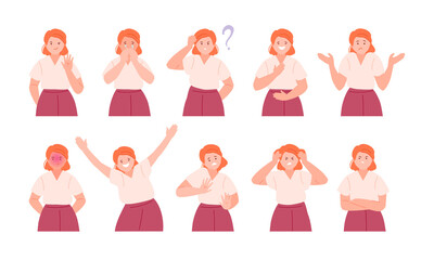 Child girl with different emotions and gestures. Vector illustration