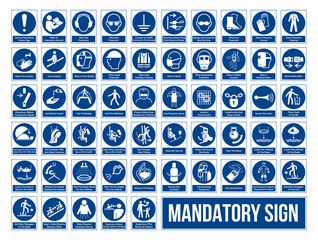 Set of Mandatory Sign. Work Safety Equipment Signs In White Pictogram. ISO 7010 Sign. - obrazy, fototapety, plakaty