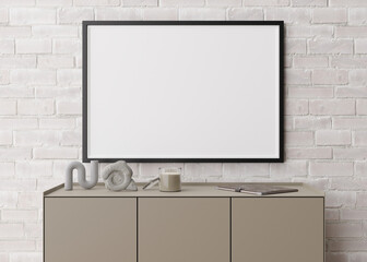 Empty horizontal picture frame on white brick wall in modern living room. Mock up interior in minimalist, contemporary style. Free space for your picture, poster. Console, sculptures. 3D rendering.