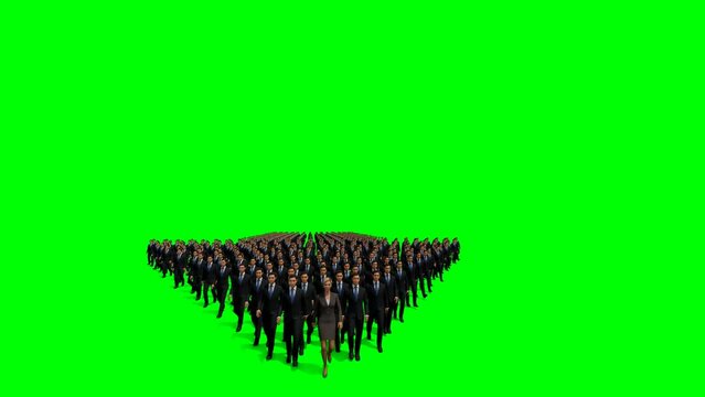 Businessmen with a businesswoman in front forming arrow shape pointing right, 4K, against Green Screen
