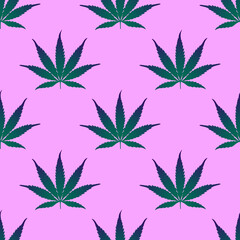 A pattern of cannabis leaves on a lilac background in a flat style for print and design. Vector illustration.