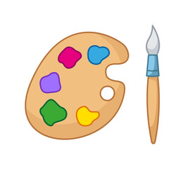 Set of artist's palette and brush. Vector illustration of artist's drawing supplies in cartoon childish style. Isolated funny clipart on white background. cute print.