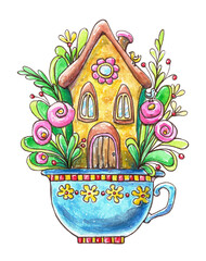 Watercolor illustration with a flower house. Fairy house, magic flowers. Children's illustration.