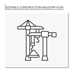  Hoisting crane line icon. Large machines move heavy things. Lifting building materials in the air. Construction industry concept. Isolated vector illustration. Editable stroke