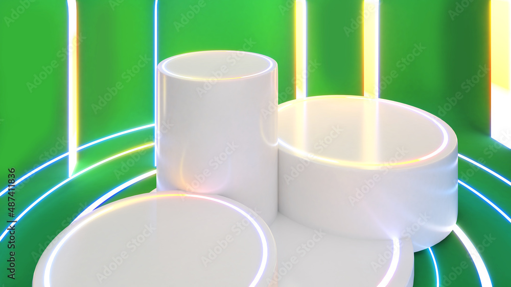 Poster white circle pedestal on a green background,circular mock up with light,3d rendering
