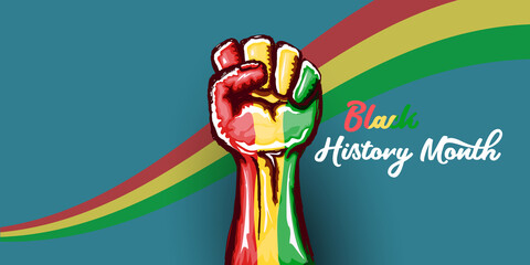 Black history month horizontal banner with protest raised fist colored in African flag isolated on background. Black history month horizontal poster, flyer with black mans fist