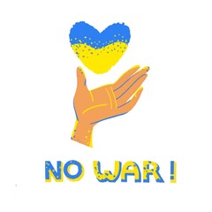 Russian-Ukrainian conflict. Hand gesture holding Ukraine flag in the shape of heart with lettering in cartoon flat style. National security society, prevention of war in Ukraine. Sovereign country.