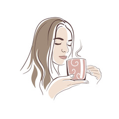 Girl with a cup of hot coffee or tea. Young attractive woman is drinking. Fashion model. Label, logo, emblem for cafe, food industry. Template. Close-up. Clip art. Hand Painting. Ink. Line art. Vector
