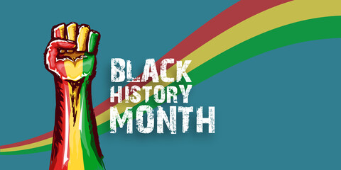 Black history month horizontal banner with protest raised fist colored in African flag isolated on background. Black history month horizontal poster, flyer with black mans fist