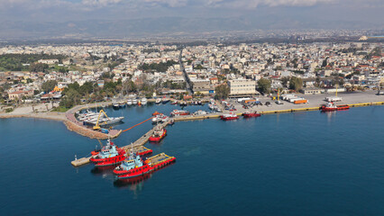 Aerial drone photo of small port in industrial town of Elefsina, Attica, Greece