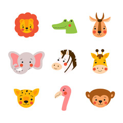 Wild animals portraits vector set. Cute and funny baby animals faces  collection drawn in flat style and isolated on white background