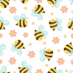 Seamless pattern with flying bees and flowers on white background Illustration for background, print, and textile. Flat vector illustration.