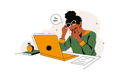 Dark-skinned Girl is tired of working on a Laptop. She rubs her eyes. Illustration on the theme of Eye Health. Vector illustration.