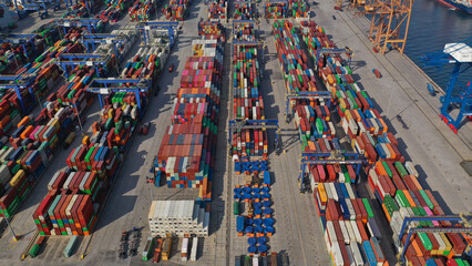 Aerial drone photo of industrial logistics unloading import and export container terminal of Perama...
