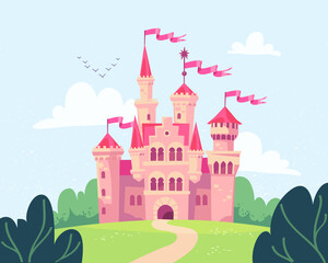 Vector illustration for children with fairy pink castle. Medieval fairytale magical magic fortress fort royal palace. - obrazy, fototapety, plakaty