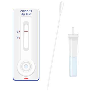 Covid-19 Rapid Antigen Test. Coronavirus Swap Sample In Lysis Buffer, Strip With Reagents, Result With Antigen Molecules. Vector.