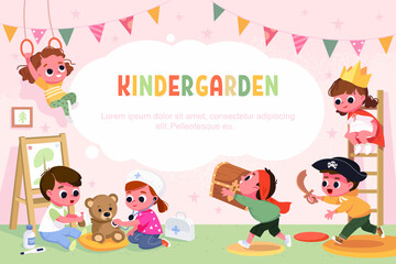 Obraz na płótnie Canvas Kids play together in kindergarden. Kindergarden illustration vector.