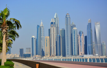 Dubai, UAE - View at skyscrapers from man-made, artificial Palm Jumeirah Island