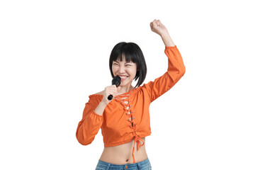 Young asian woman singing and dancing with microphone, isolated on white background.