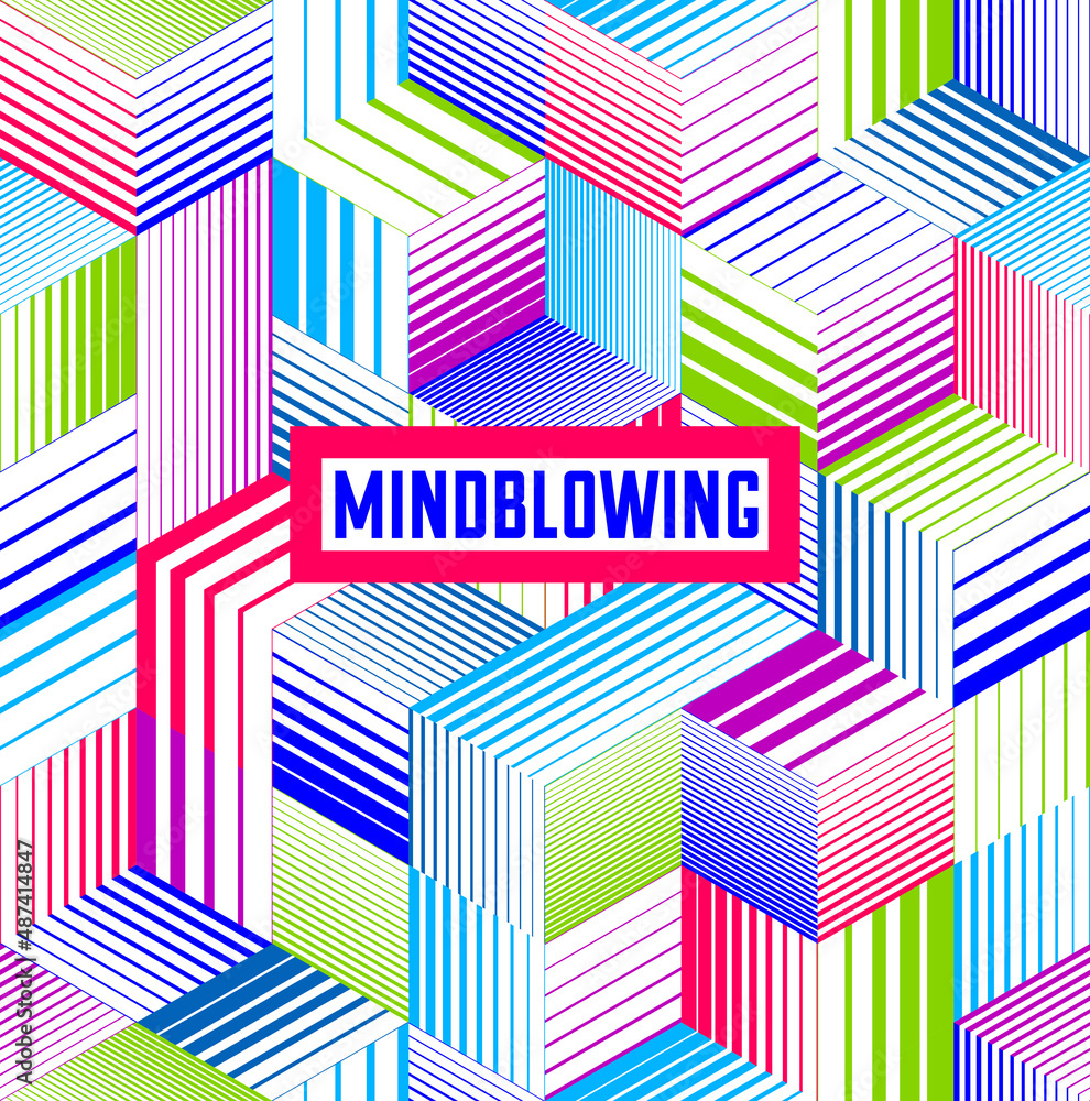 Poster geometric 3d seamless pattern with lined cubes, stripy boxes blocks vector background, architecture 