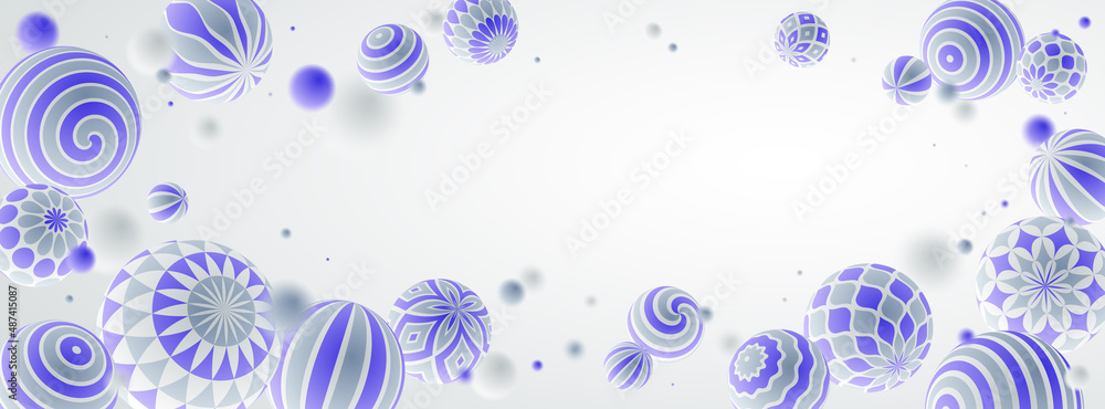 Poster abstract spheres vector background, composition of flying balls decorated with patterns, 3d mixed va