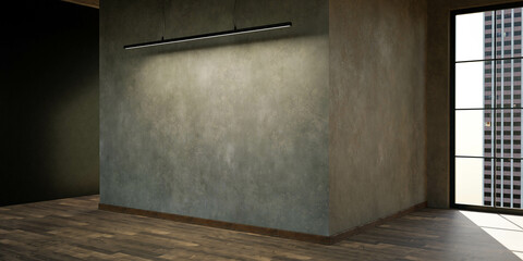 concrete wall with copy space modern industrial design studio loft living room background with big concrete walls. 3d render illustration