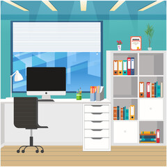 Modern home workplace with large size computer on white table, revolving chair and book shelf. Vector illustration.